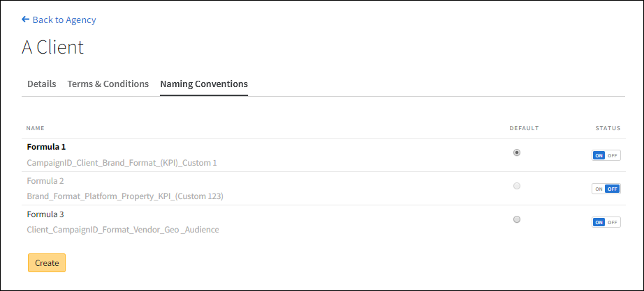 The Naming Convetions tab with naming convention's and their status and default radio options